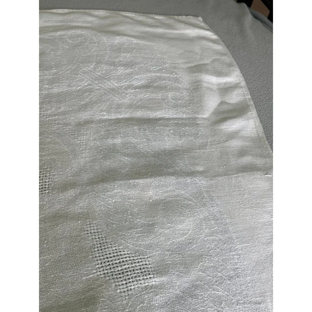 Vintage Linen Tablecloth 52x51 Rectangle 52x51 Embossed Ivory White Damask